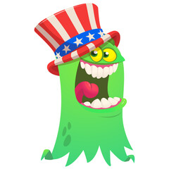 Cartoon funny monster wearing Amirican uncle Sam hat on USA Independence Day . Vector illustration of alien creature character