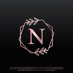 Elegant N Letter Hexagon Floral Logo with Creative Elegant Leaf Monogram Branch Line and Pink Black Color. Usable for Business, Fashion, Cosmetics, Spa, Science, Medical and Nature Logos.