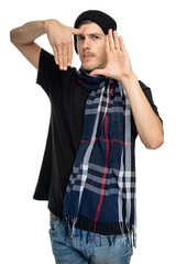 Fototapeta premium Young handsome tall slim white man with brown hair makes frame in front of his face with his hands isolated on white background