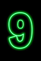 Neon green number 9 on black background. Serial number, price, place