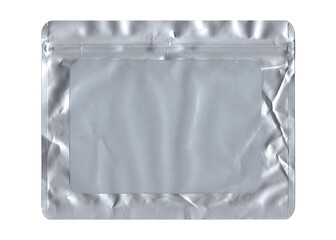 A gray plastic bag with a transparent side for inspection, used to sell small items, isolated on a white surface, with folds and wrinkles. Empty canvas for your creative content.
