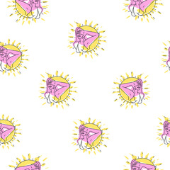 Pattern, endless drawing, linear abstract hand drawing of summer illustration, girl closes from the sun, round.