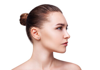 Side view on beautiful girl with perfect makeup and skin.