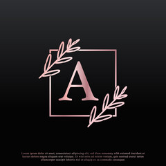Elegant A Letter Square Floral Logo with Creative Elegant Leaf Monogram Branch Line and Pink Black Color. Usable for Business, Fashion, Cosmetics, Spa, Science, Medical and Nature Logos.