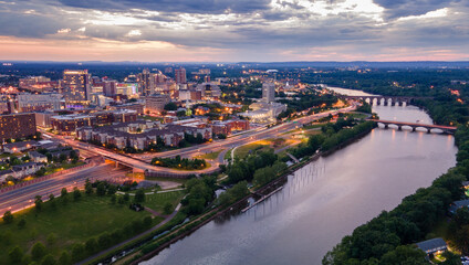 Fototapeta na wymiar Aerial photo city and river. Long exposure