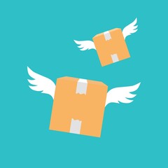 Fototapeta premium Fast delivery service parcel. Flying package box with wings. Vector flat illustration