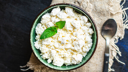 cottage cheese, fresh healthy food breakfast cow or goat sheep's milk on the table healthy food meal snack copy space food background rustic. top view keto or paleo diet 