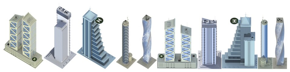 Set of fine detailed hi-tech buildings with fictional design and cloudy sky reflection - isolated, high view 3d illustration of architecture