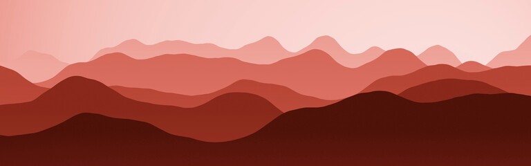 design red panoramic image of mountains peaks in the fog computer art background illustration
