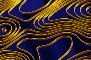 Diagonal abstract geometric wavy folds in blue colors with shiny gold border. Abstract background. 3d rendering.