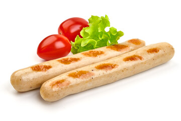 Roasted veal sausages, isolated on white background. High resolution image.