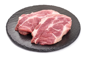 Raw pork steaks, isolated on white background. High resolution image.