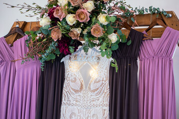 Bride and bridesmaid dresses on display