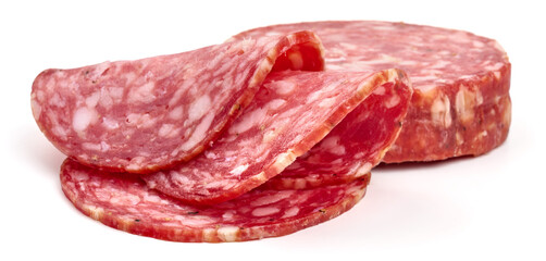 Italian sausage slices, isolated on white background. High resolution image.