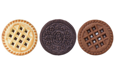 Different types of sandwich cookies on an isolated white background. Chocolate, vanilla cookies with filling