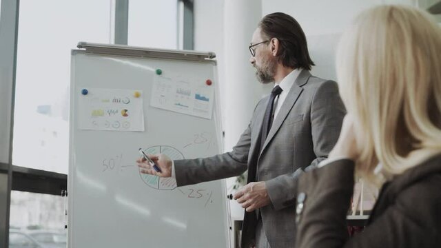 Mature company CEO talking to his employees and showing charts with financial information on whiteboard