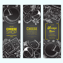 Cheese top view, vertical banners collection. Food menu design with colorful cheese. Vintage hand drawn sketch vector illustration.