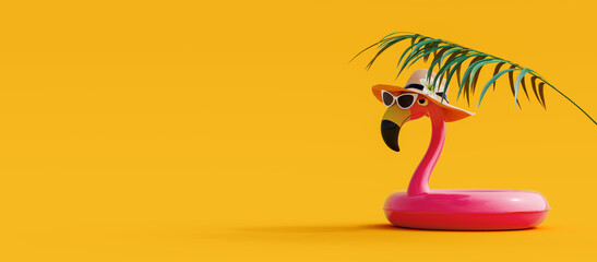 Pink flamingo with sunglasses and hat under palm leaf on yellow summer background 3D Rendering, 3D Illustration - obrazy, fototapety, plakaty