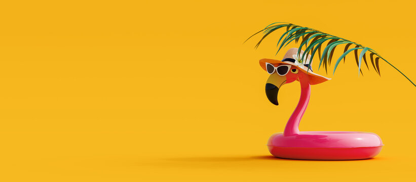 Pink flamingo with sunglasses and hat under palm leaf on yellow summer background 3D Rendering, 3D Illustration