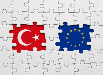 Puzzle with the national flags of Turkey and Europe. International conflict or partnership