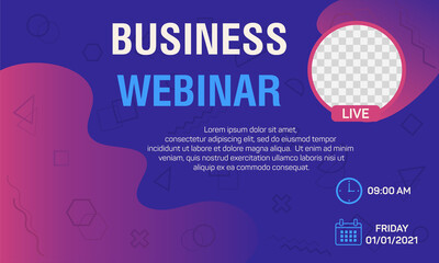 Webinar social media post. Modern banner with geometric purple background. Suitable for business webinar, conference announcements, and online seminar. Vector illustration.