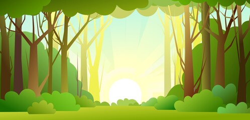 Forest trees background. Glade in the thicket. Sky with sunlight. Beautiful green summer landscape. Flat design. Cartoon style. Background illustration. Vector © WebPAINTER-Std