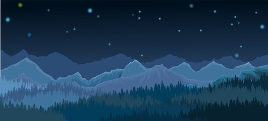 Fototapeta na wymiar Pine forest at night. Silhouettes of coniferous trees in the darkness. Mountains. Dark landscape horizontally. Panoramic view. Beautifully illustration vector