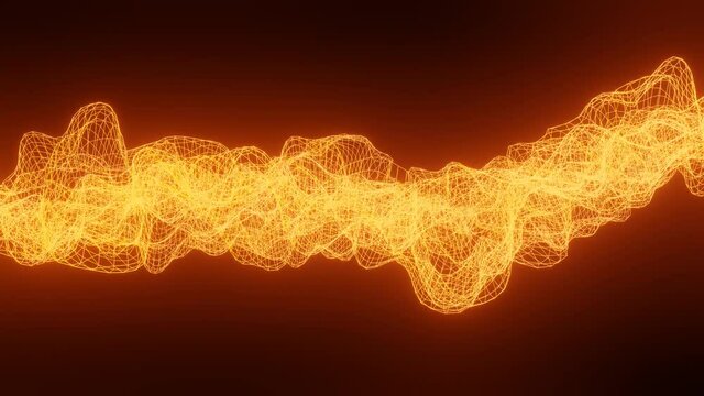 an abstract plane made of glowing orange mesh slowly deflects against a black background. looped animation. 3d render