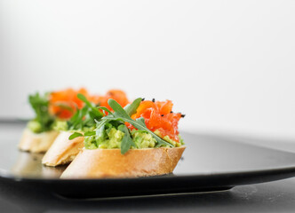 Beautifully decorated catering banquet menu. Food snacks and appetizers for buffet.
