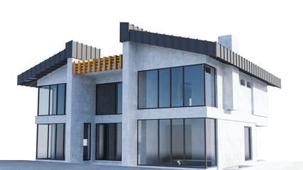 3d Villa design. Concrete facade house with Black Roof
