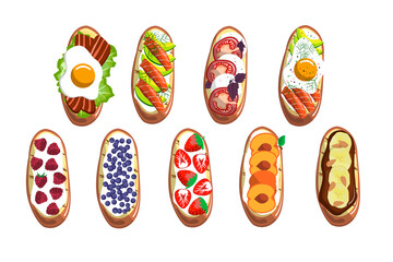 Toast set top view. Sweet and salty bruschetta. Sandwiches with salmon, avocado, egg, bacon, berries, fruit, cream cheese