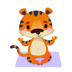 Naklejka premium The baby tiger cub sits in a yoga pose on the mat. Animal sports. Vector illustration in cartoon childish style character. Isolated funny clipart on a white background. Cute print