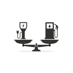 Fuel gas station versus electric car station on scales icon, vector concept illustration