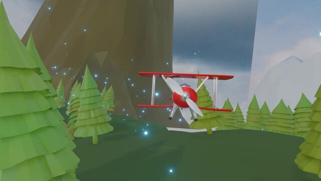 3D model of a toy biplane flying through a low poly landscape with mountains and fir trees. looped animation. 3d render