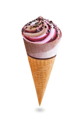 Chocolate berry vanilla ice cream in waffles cone on a white isolated background