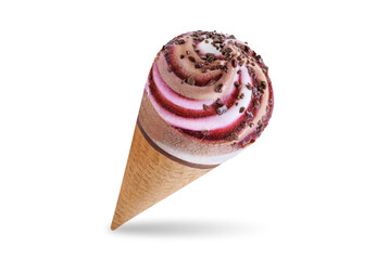 Chocolate berry vanilla ice cream in waffles cone on a white isolated background