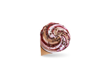 Chocolate berry vanilla ice cream in waffles cone on a white isolated background