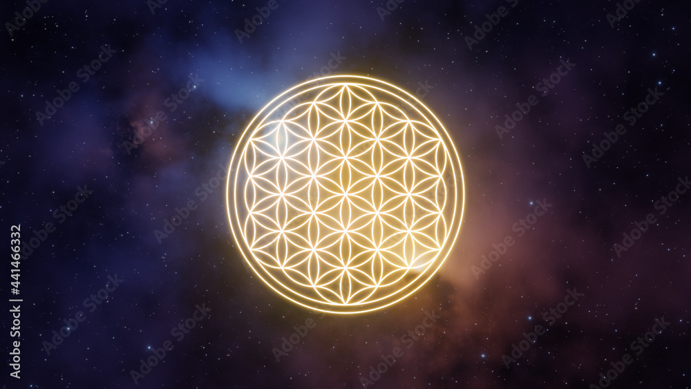 Sticker flower of life symbol in yellow color on a background of the universe with nebulae