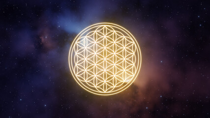 Flower of life symbol in yellow color on a background of the universe with nebulae