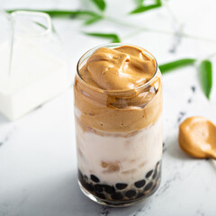 Boba dalgona coffee with tapioca pearls and whipped coffee