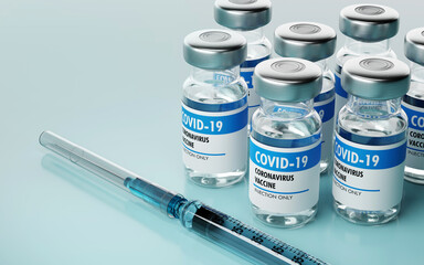 Closeup of vaccine bottles and syringe. 3D render. 3D illustration.