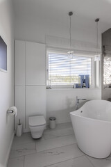 Fototapeta na wymiar Elegant grey and white bathroom interior with modern design