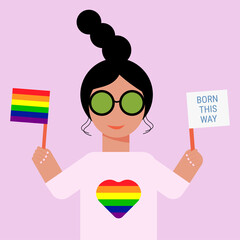 A woman holds a lgbt flag in her hands. Isolated girl  in a flat style.  Flat illlustration.