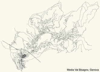 Black simple detailed street roads map on vintage beige background of the quarter Media Val Bisagno district of Genoa, Italy