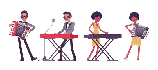 Musician, rock and roll performers, man, woman playing accordion, synthesizer. Blues band or pop music artists accompaniment. Vector flat style cartoon illustration isolated on white background