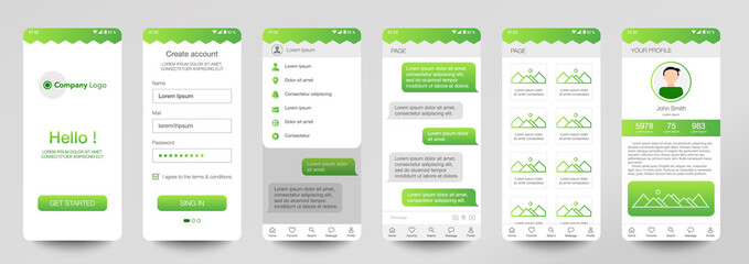 Design of mobile app Chat room, UI, UX, GUI. Set of user registration screens with login and password input, account sign in, sign up, home page. Modern Style. Minimal Application. UI Design Template