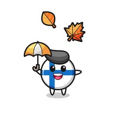 cartoon of the cute finland flag badge holding an umbrella in autumn