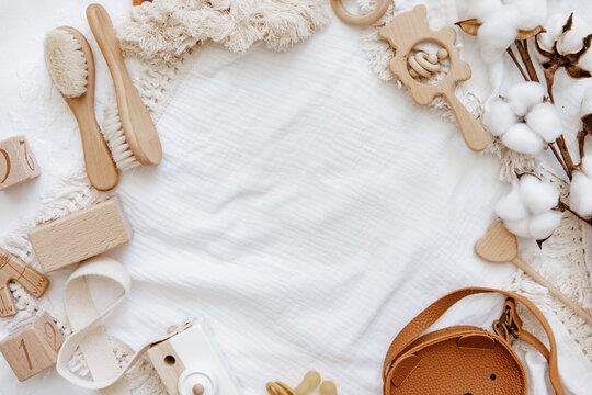 Still life background of cute newborn accessories on white background