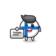 the mascot of the finland flag badge holding a banner that says thank you