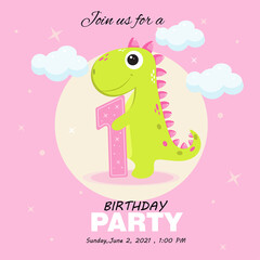 Cute baby girl dinosaur. Birthday invitation